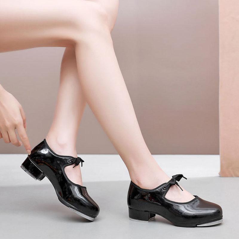 Scarpe da tip tap in vernice nera con suola dritta e lacci senza lacci per ragazzi e ragazze Scarpe da ballo con suola morbida da donna