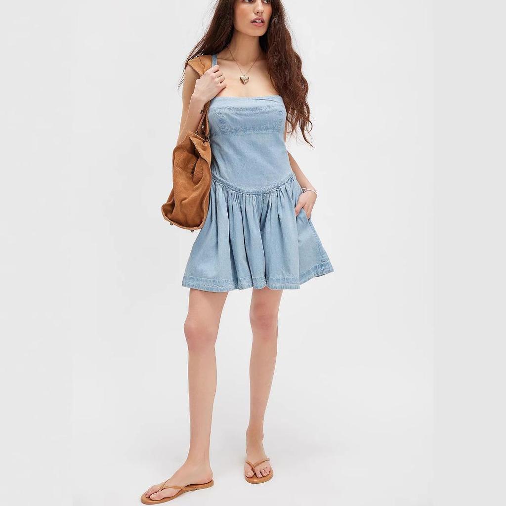 Europäisches & Amerikanisches Damen-Mini-Denimkleid 2025 Sommer, Rückenfrei, Schlank, Hoher Bund, Einfarbig.