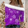 Women's Off Shoulder Furry Trim Long Sleeve T-Shirt Christmas Glitter Star 3D Print Elegant Winter Casual Top