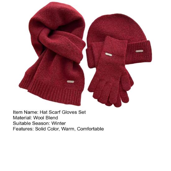 3Pcs/Set Women Hat Scarf Gloves Set Solid Color Ribbed Trim Brimless Hat Long Scarf Warm Gloves Set Winter Accessories