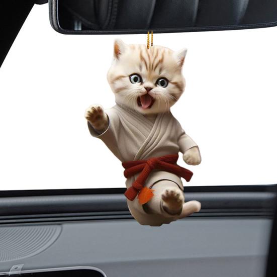 Car Pendant with Lanyard Easy To Hang Kung Fu Cat Design Auto Rearview Mirror Ornament Animal Pendant Car Interior Accessories