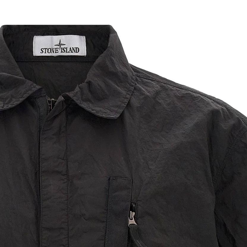 STONE ISLAND Ss26 Metallic Nylon Badge Sleeve Zip Short Sleeve Shirt Unisex Shirts Black L1S151200028S0019V0029