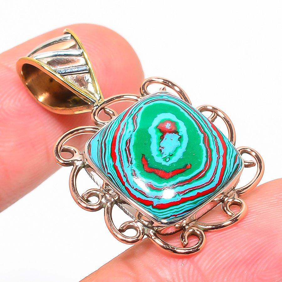 Natural Rainbow Calsilica Two Tone 925 Solid Sterling Silver Pendant 1.50'' M0J33