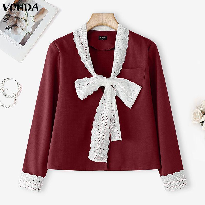 VONDA Women Casual Low Cut Neck Lace Bow Knot Long Sleeve Elegant Office Blouse