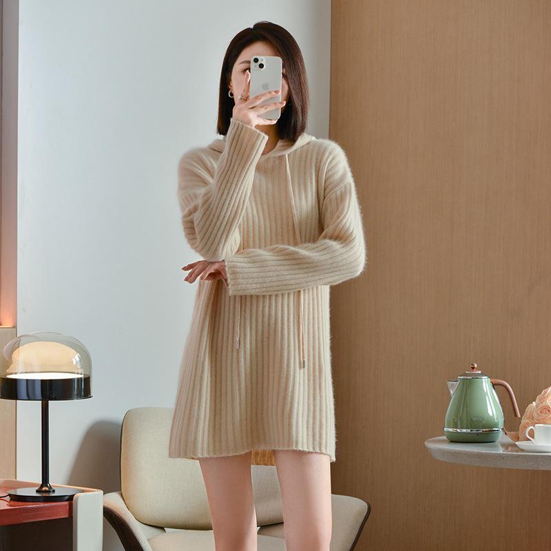 Women's Hooded Mid-Length Wool Sweater Dress, Loose-Fitting Knitted Outerwear, Solid Color, Long-Sleeved