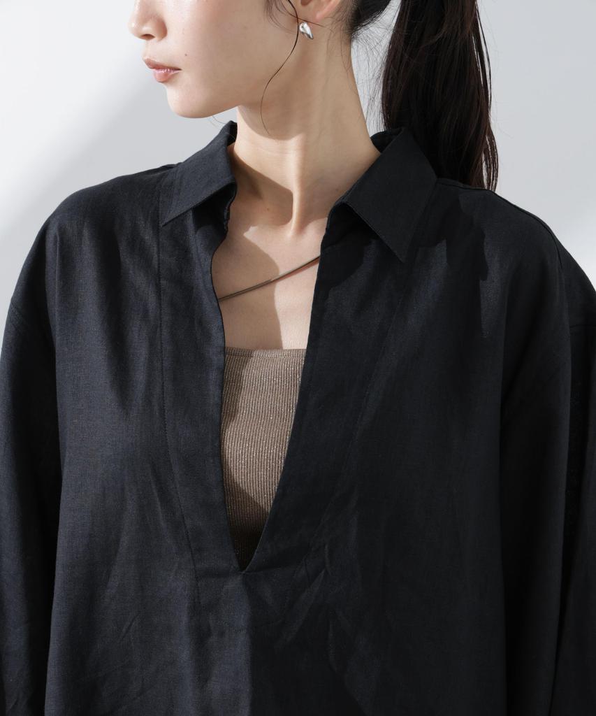 Nano Universe Linen Pullover Size F Women's Anti-Smell V-Neck Shirt, Black, 010, 673-5121301