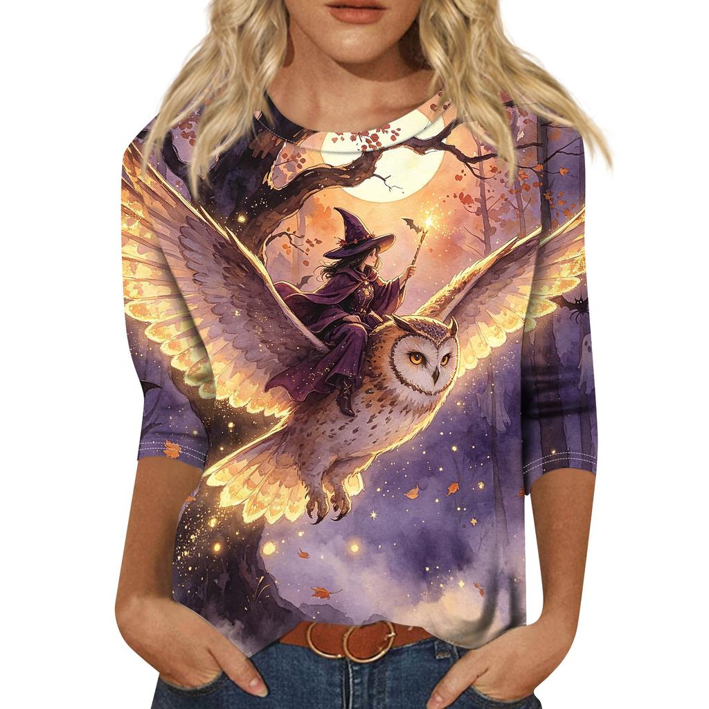 Women's Fashion Casual Halloween Print 3/4 Sleeve T-Shirt with Round Neck