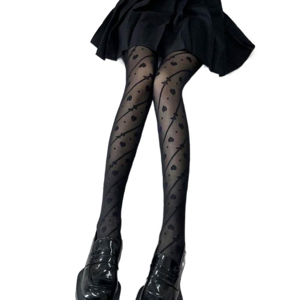 Transparent Heart Long Tights Ultra-thin Leggings Women Fashion Mesh Pantyhose Streetwear