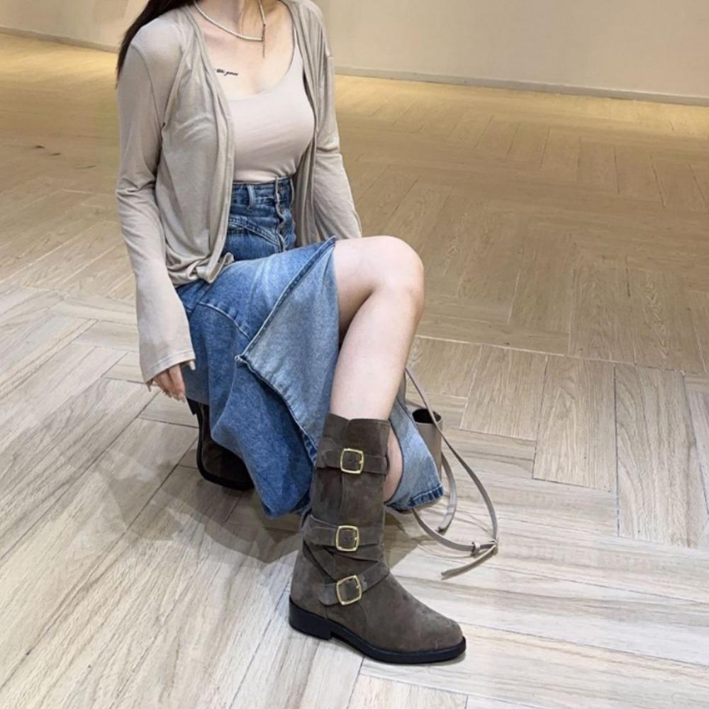 Short Boots Women Trend 2025 New Cow Suede Leather Buckle Cowboy Boots for Women Mid Calf Thick Heel Knight Boots Women's Shoes