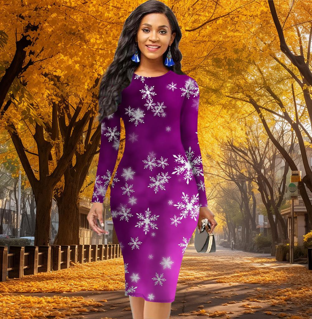 Long Sleeve Waist Tight Office Slim Fit Hexagonal Snowflake Printing Elegant Bodycon Dress