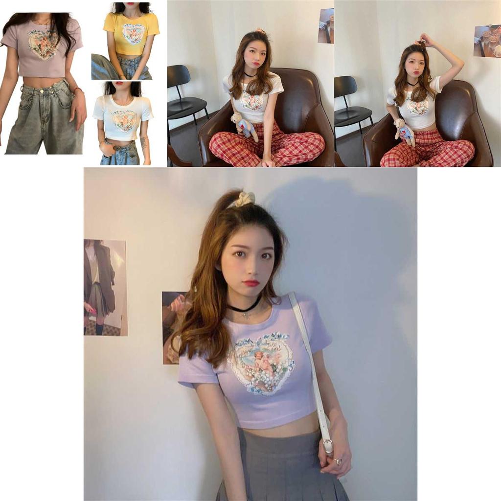 Elegant Angels Aesthetic Vintage T-shirts For Women With 90s Graphic Korean Style