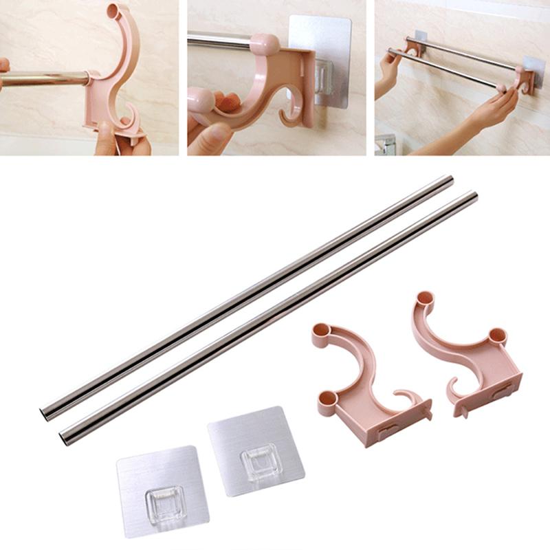 Stainless Steel Double Towel Holder No Need Perforated Rack Bathroom Kitchen Wall-Mounted Towel Rack Holder Bathroom Accessories