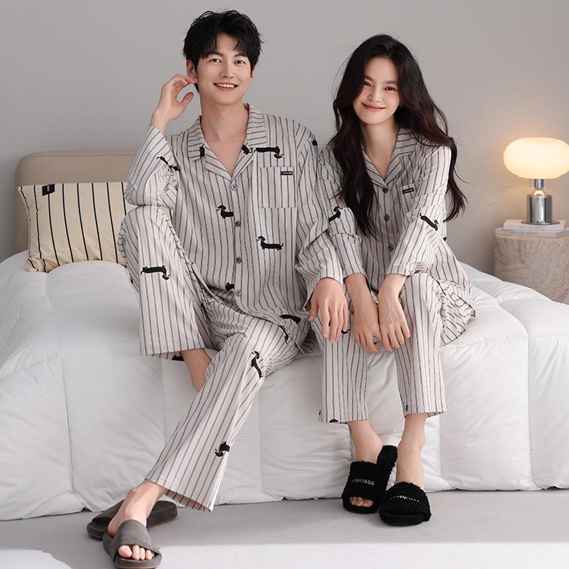Women's Ribbed Cotton Couple Pajamas Set - Long Sleeve & Pants, Autumn Cartoon Striped Homewear, Wearable Outdoors