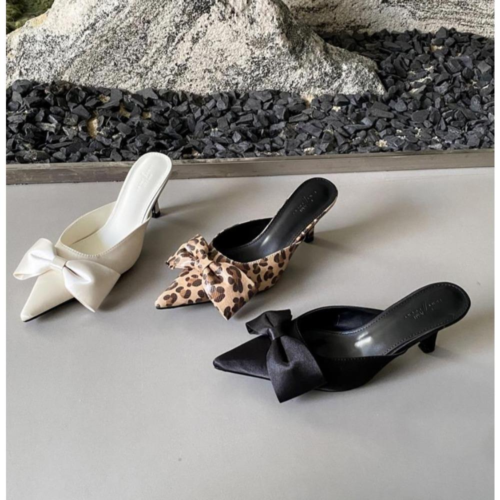 New Bowtie Mule Shoes Slides Women Pointed Toe Stripe Wave Slip-on Sandals Ladies Luxury Satin Silk Outdoor Flat Slippers