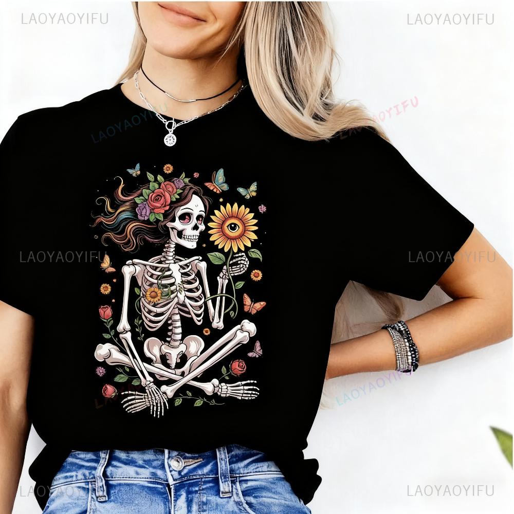 

Skull Girl Shirt Floral Skeleton Tshirt Day of The Dead TShirt Sugar Skull Floral Tops Boho Skeleton Flower Power Graphic Tee 4XL