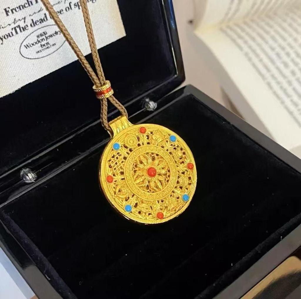 Gold-Plated Enamel Vajra Treasures Compass Amulet Necklace - Women's Good Luck Accessory