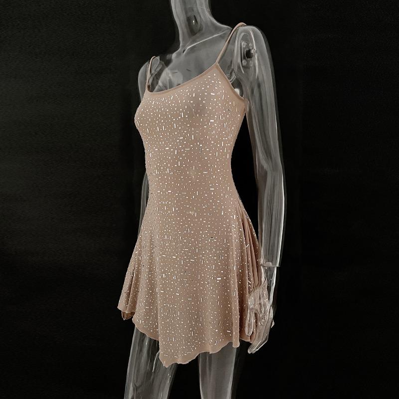 Party Rhinestone Semi Transparent Suspender Short Dress