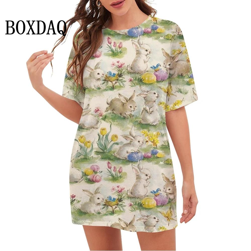 

Пасхальное платье для женщин 2025 года, летний короткий рукав, свободный пуловер с цветочным принтом, мини-платье, праздничная одежда, уличная одежда, платья 6XL