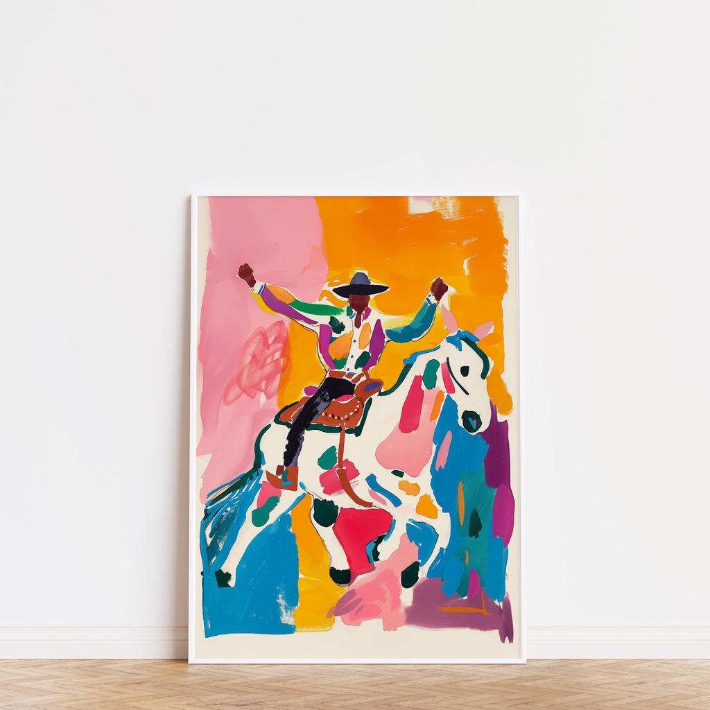 Abstract Rodeo Art Poster Colorful Eclectic Cowboy Wall Art Neutral Floral Home Office Living Room Decor Wall Decor Aesthetic