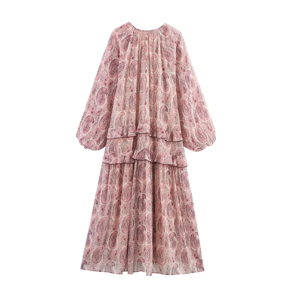 Temperament Layered Decorative Printing Loose Long Sleeve V-Neck Dress Summer New Arrival Women's Clothing