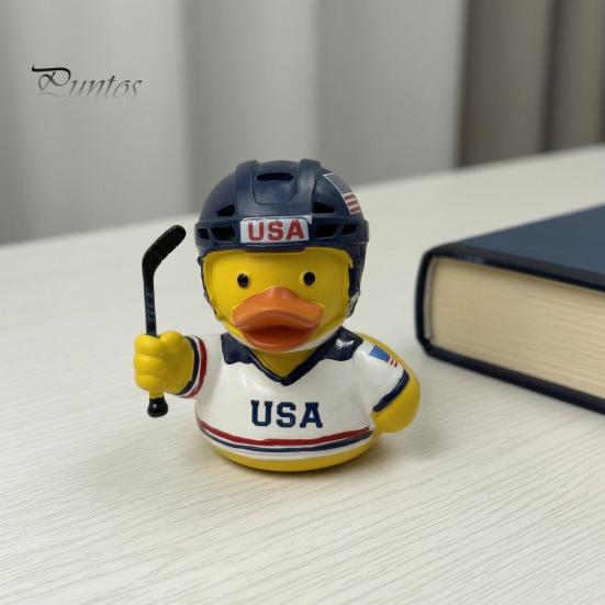 Niche Sports Event Peripheral Hockey Player Rubber Duck Resin Figurine, Statue with Complete Helmet Sturdy Sculpture Stick Jersey Gear, Weatherproof