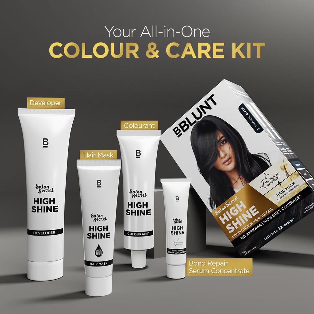 BBLUNT Salon Secret High Shine Conditioning Hair Colour Natural Black 130G Pack of 1 Long Lasting Vivid Colour