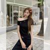Korean black letter embroidered slanted shoulder short-sleeved t-shirt women's summer new slim-fitting and thin top