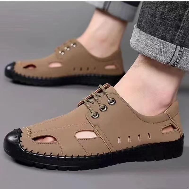 Men's Shoes Summer New Men's Hollow Sandals Men's Leather Surface Casual Hollow Hole Shoes Men's Leather Sandals