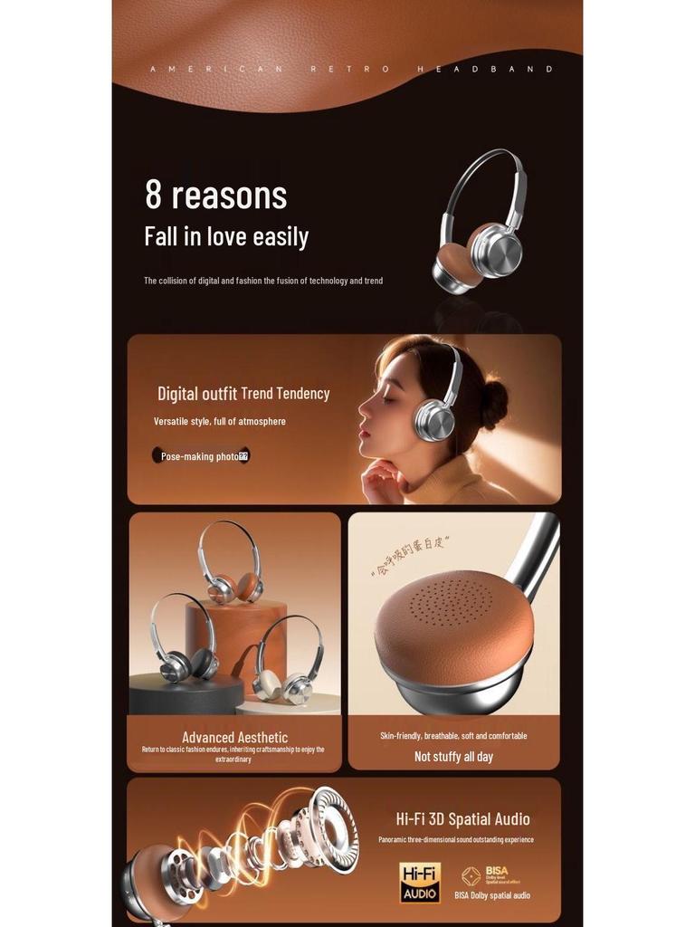 2025 Berlin Sound CR-20 Retro Over-Ear Wireless Bluetooth Noise-Cancelling Headphones with Long Battery Life