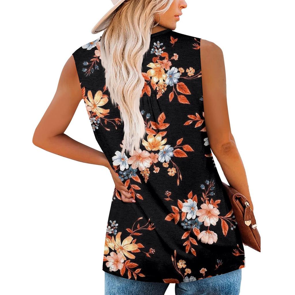 Women's Fashion Floral Printing Pleated Sleeveless Casual T-shirt Vest Button Top