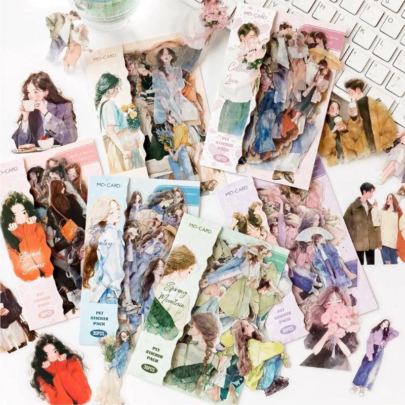 30pcs Cute People Sticker PET Materials Junk Journal Sticker Girl Life Series DIY Scrapbooking Collage Stationery Decor Supplies