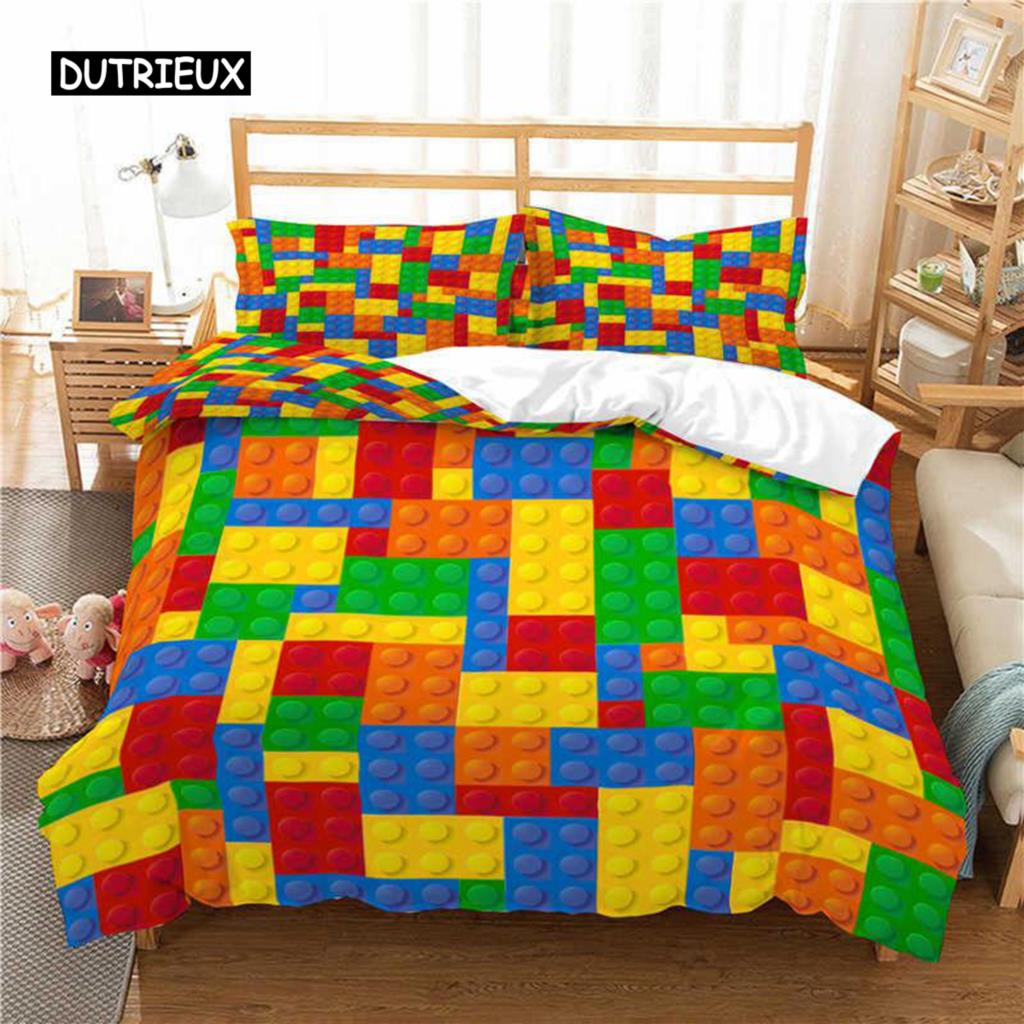 Toy Print Duvet Cover Set Square Gradient Blocks Bedding Set for Kids Teen Colorful Bricks Game Queen Microfiber Comforter Cover