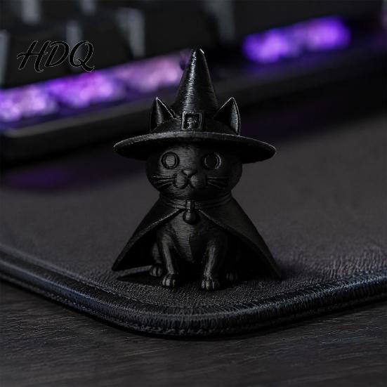 Themed Party Photo Props Gothic Witch Hat Black Cat Figurine, 3D Printed Wizard Cloak Kitten Small Sculpture for Study Room Statue, Spooky Cute