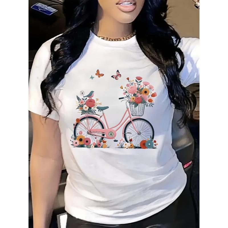Europäische Größen Fahrrad-Print Kurzarm-T-Shirt, Lässiges Rundhals-Oberteil für Frühling Sommer, Damenbekleidung
