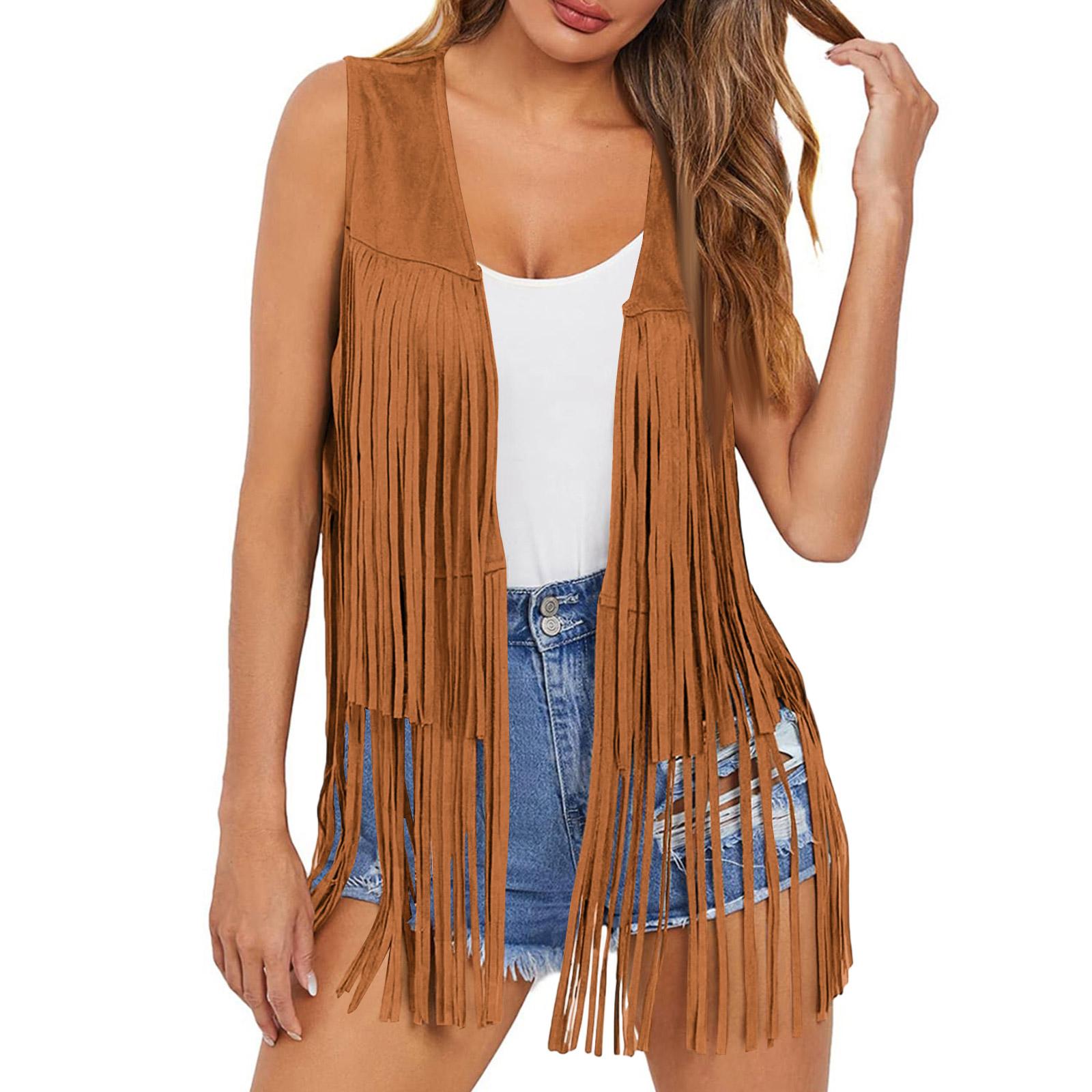 Женская Мода Зима Замша Этнический Безрукавка Кисточки Бахрома Жилет Кардиган S хаки