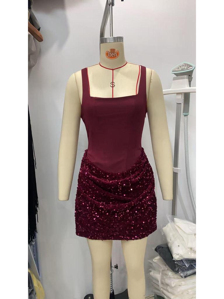 European & American Style Sequin Hip-hugging Waist-cinching Lace-up Short Skirt for Women