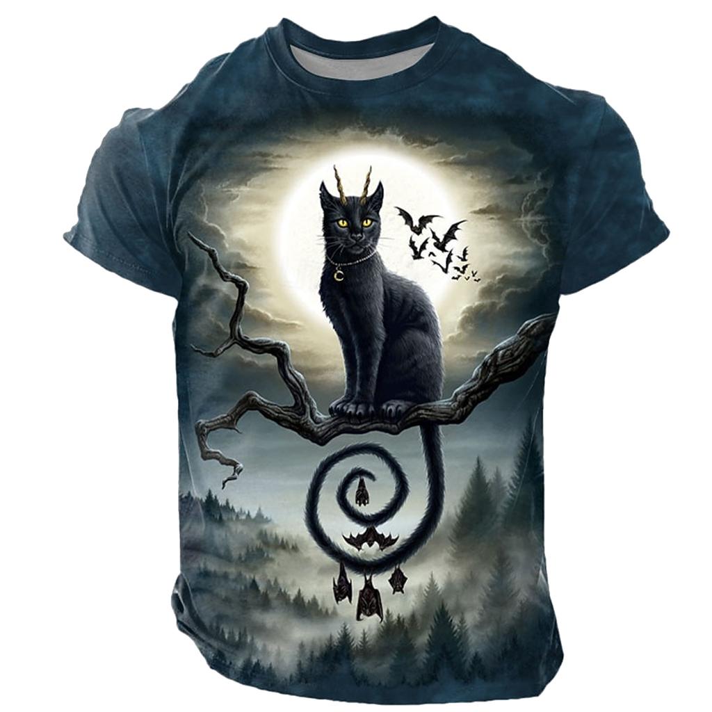 Men's Retro Halloween T-shirt 3D Black Cat Pattern Printed Summer Loose Short Sleeved Cool Casual Daily Outdoor Top