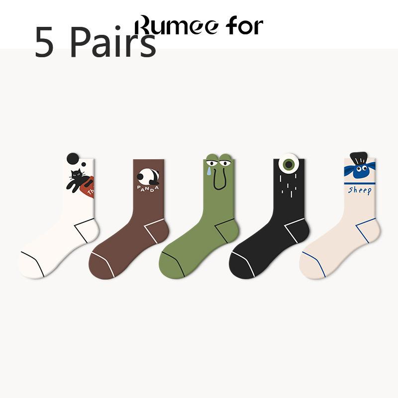 5 Pairs of Female Spring and Autumn Deodorant Sweat Absorbing Cute Preppy Cartoon Tube Cotton Socks
