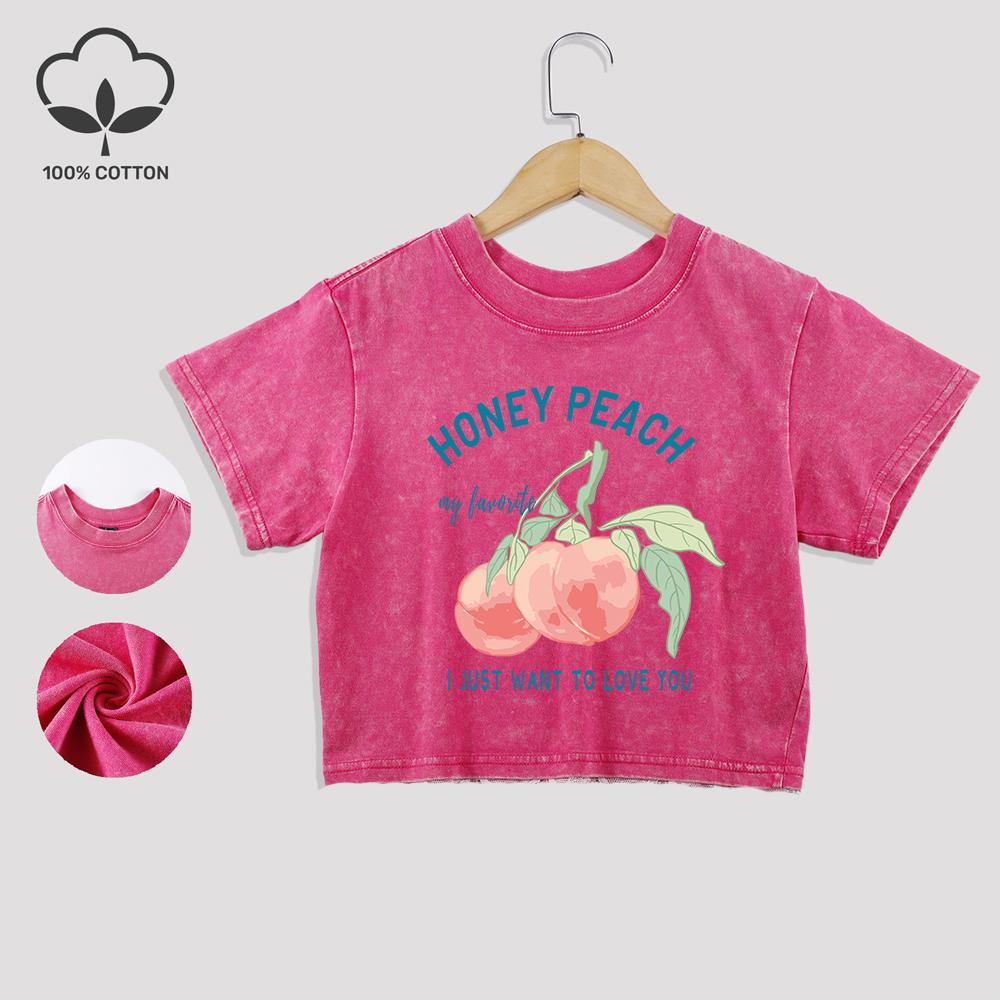 

Принты с иллюстрацией персика и надписью Honey Хлопковые укороченные футболки Летние футболки с кружевной отделкой Потертые топы с круглым вырезом Повседневная одежда XL