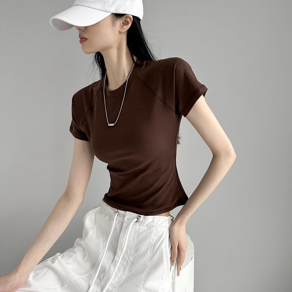Dynamic Girl's New Summer Style Round Neck Rasp-sleeved Stretch Short-sleeved Solid Color Top