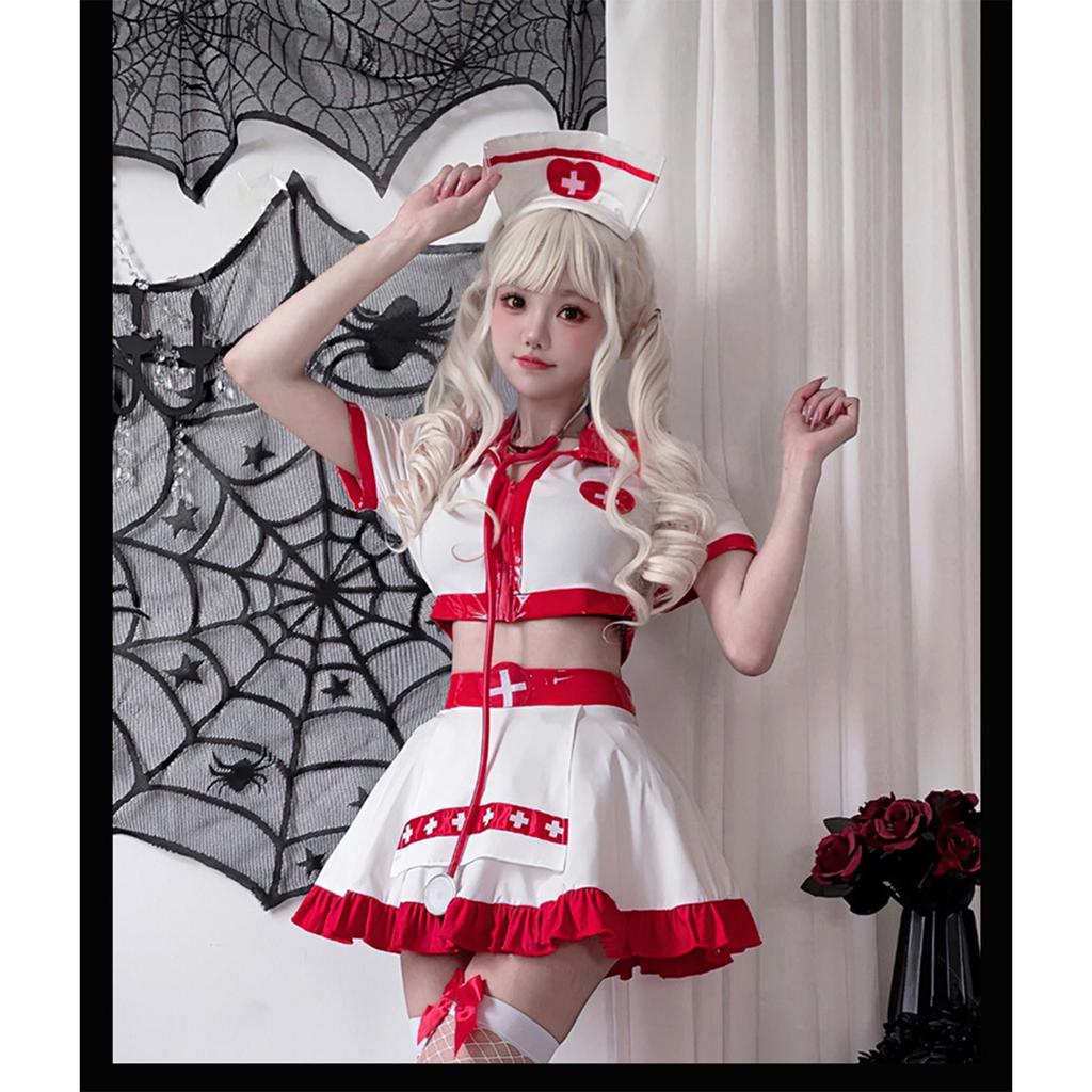 Nurse Halloween Sexy Nurse Costume Cute Nurse Red and White Nurse Mesh Set for Photo and Costume Parties [ChicFlow] Costume, Cosplay, Set, Costume,