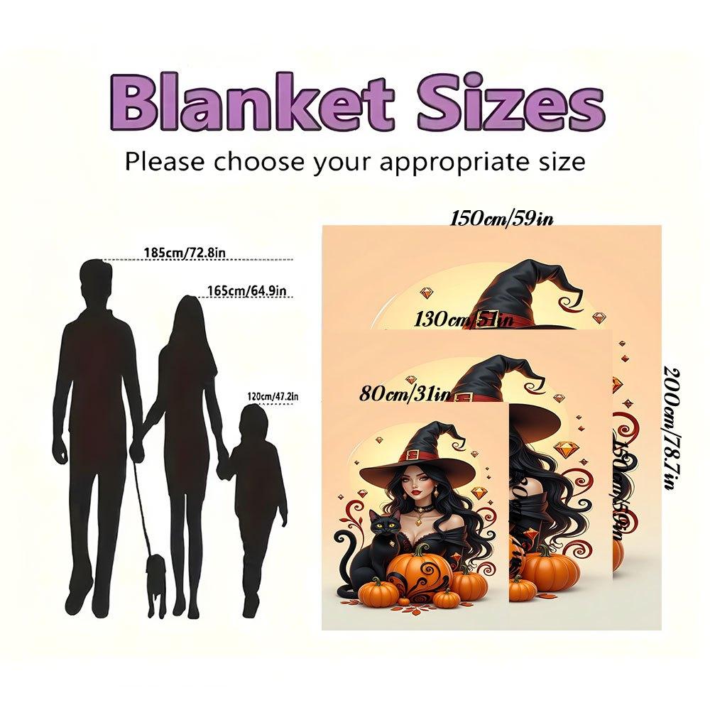 Halloween Witch with Black Cat and PumpkinsBlanket Flannel Throw Blanket for Sofa, Bed, Travel, Camping, Office, Couch, Chair