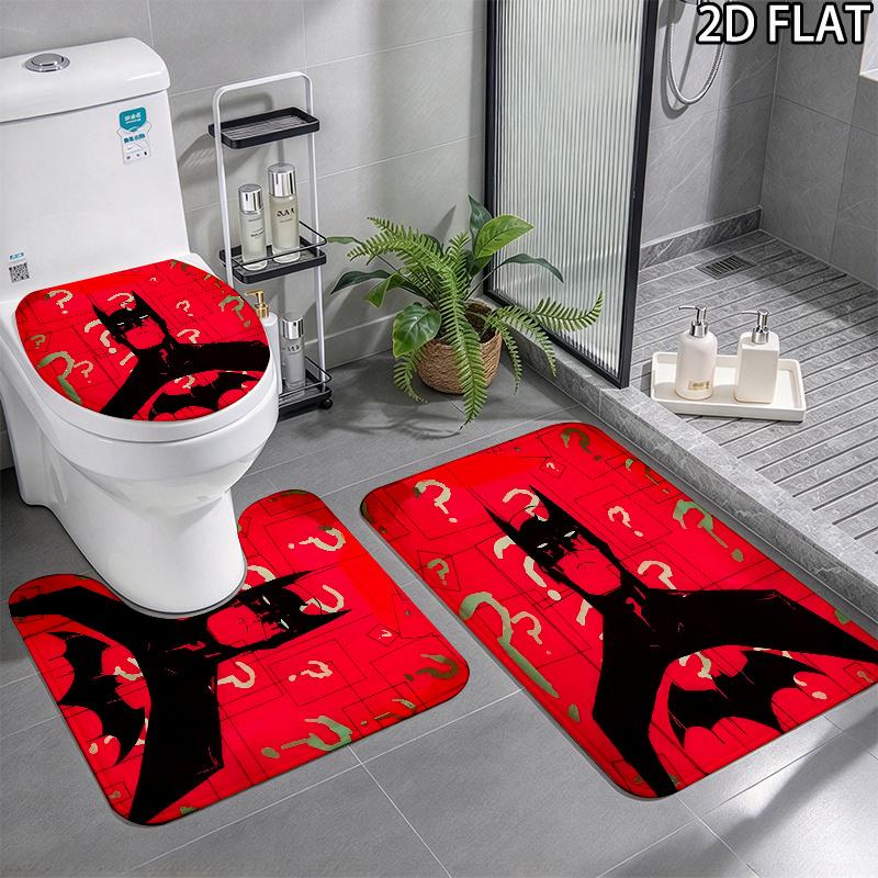 3pcs Black and Red Batman Pattern Flannel Nonslip Absorbent Washable Decorative Bathroom Home Toilet Seat Cover Mat