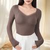 Women Thermal Tops Solid Color V-Neck Long Sleeve Velvet Lining Seamless Elastic Bottom Tops Winter Thermal Blouse