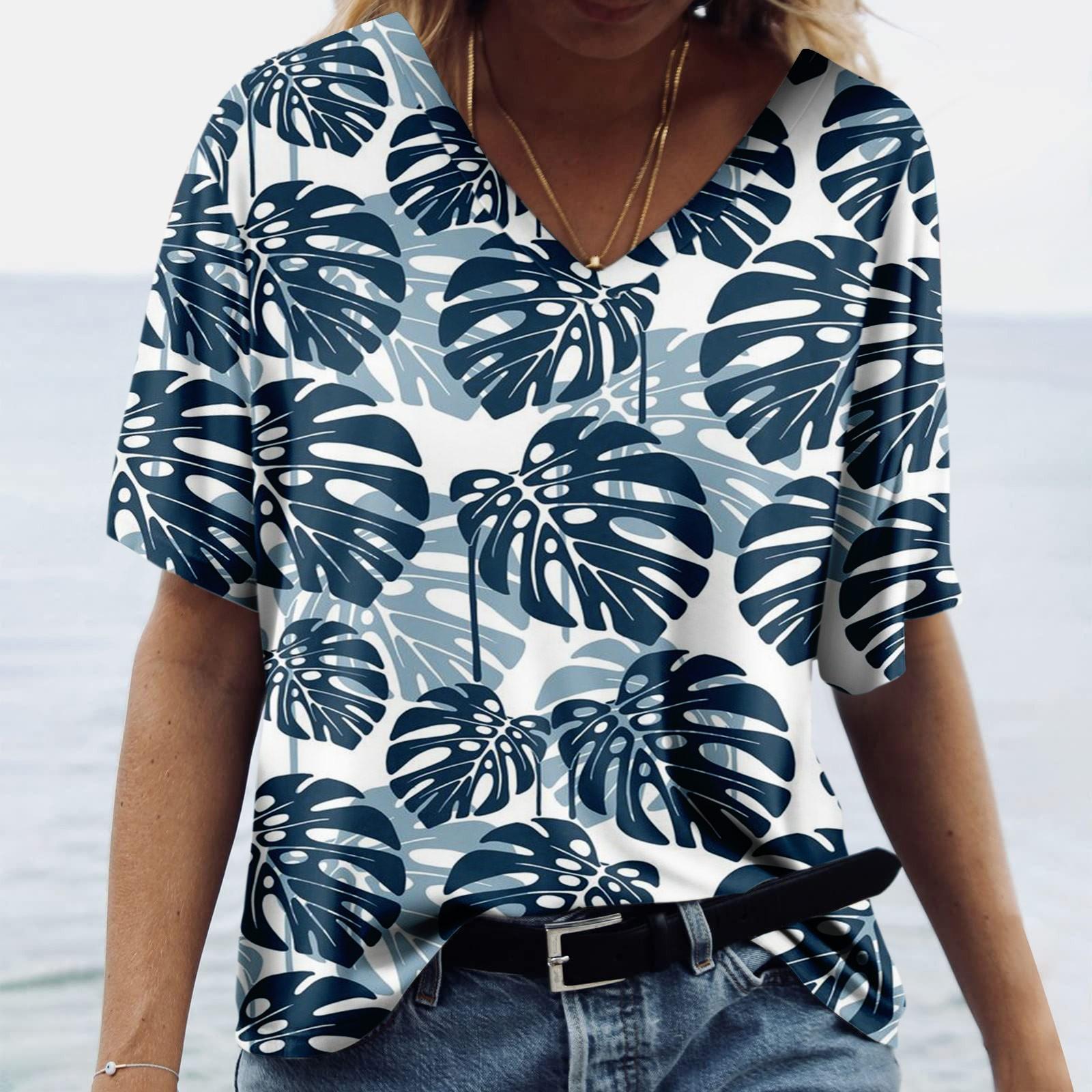 

Женская модная повседневная блузка с V-образным вырезом и коротким рукавом с принтом XXXL тёмно-синий