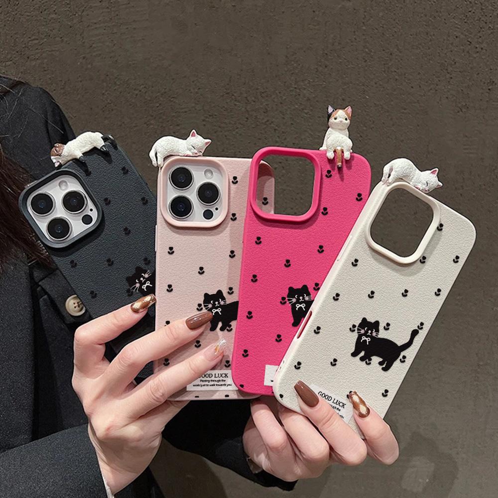 Korean Cute 3D Lying Cat Cartoon Dog Phone Case For iPhone 13 11 16 15 12 14 17 Pro Max 17Air Lichee Pattern Soft Silicone Cover