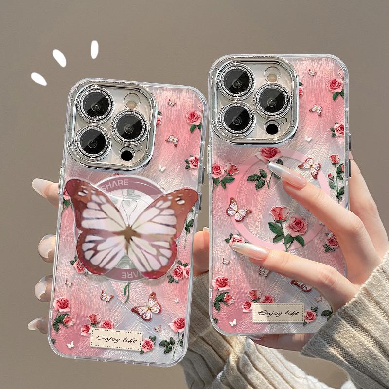 

Rose Butterfly Magnetic Snap Bracket Applicable To Apple 16pro Mobile Case 15 Full-inclusive Lens Film 14 Anti-fall 13 Feather Yarn iPhone 11 Pro Max