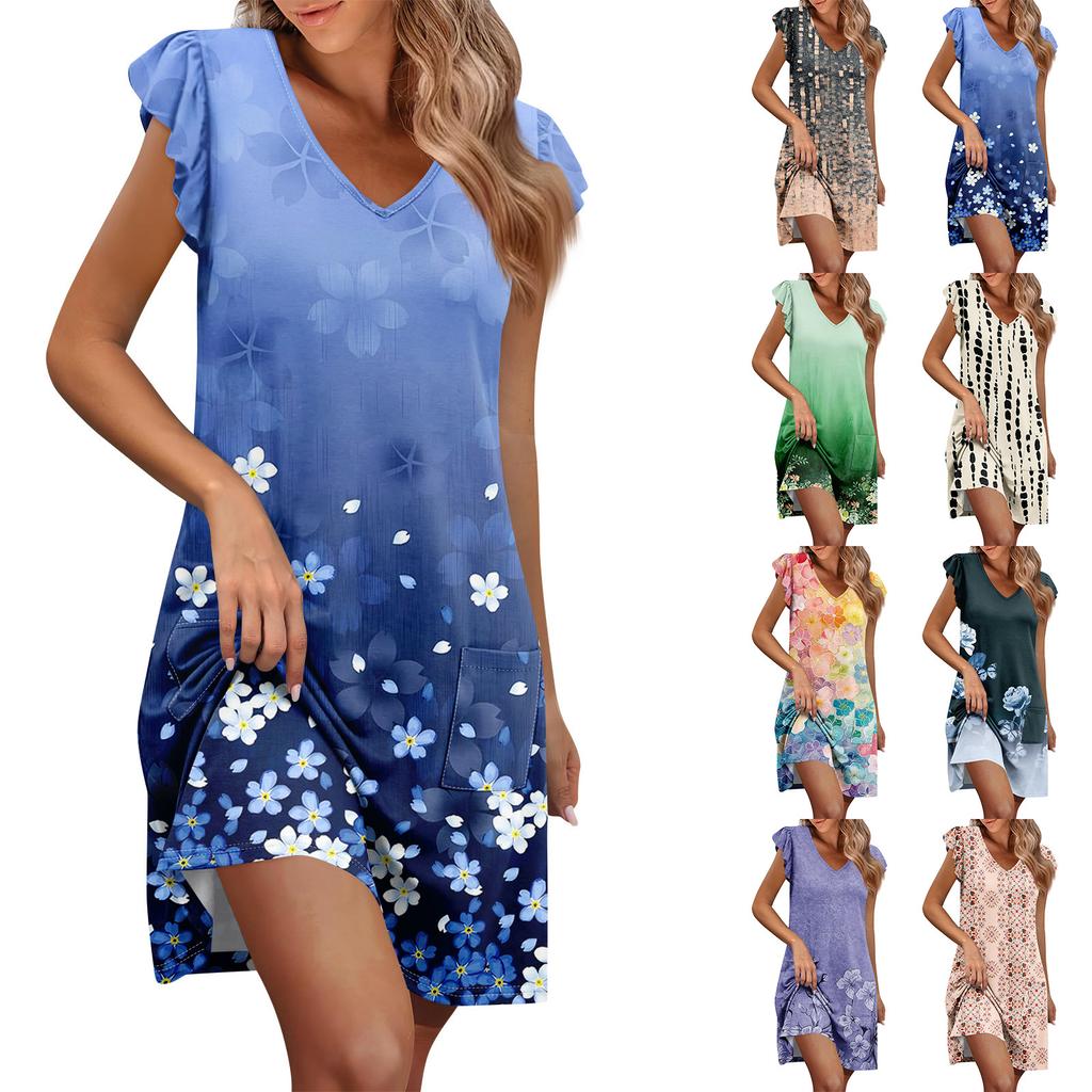 Womens Summer Dress Ruffle Sleeve V Neck Short Dresses Fashion Casual Flowy A Line Swing Sundress With Pocket