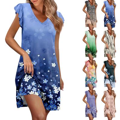 Womens Summer Dress Ruffle Sleeve V Neck Short Dresses Fashion Casual Flowy A Line Swing Sundress With Pocket