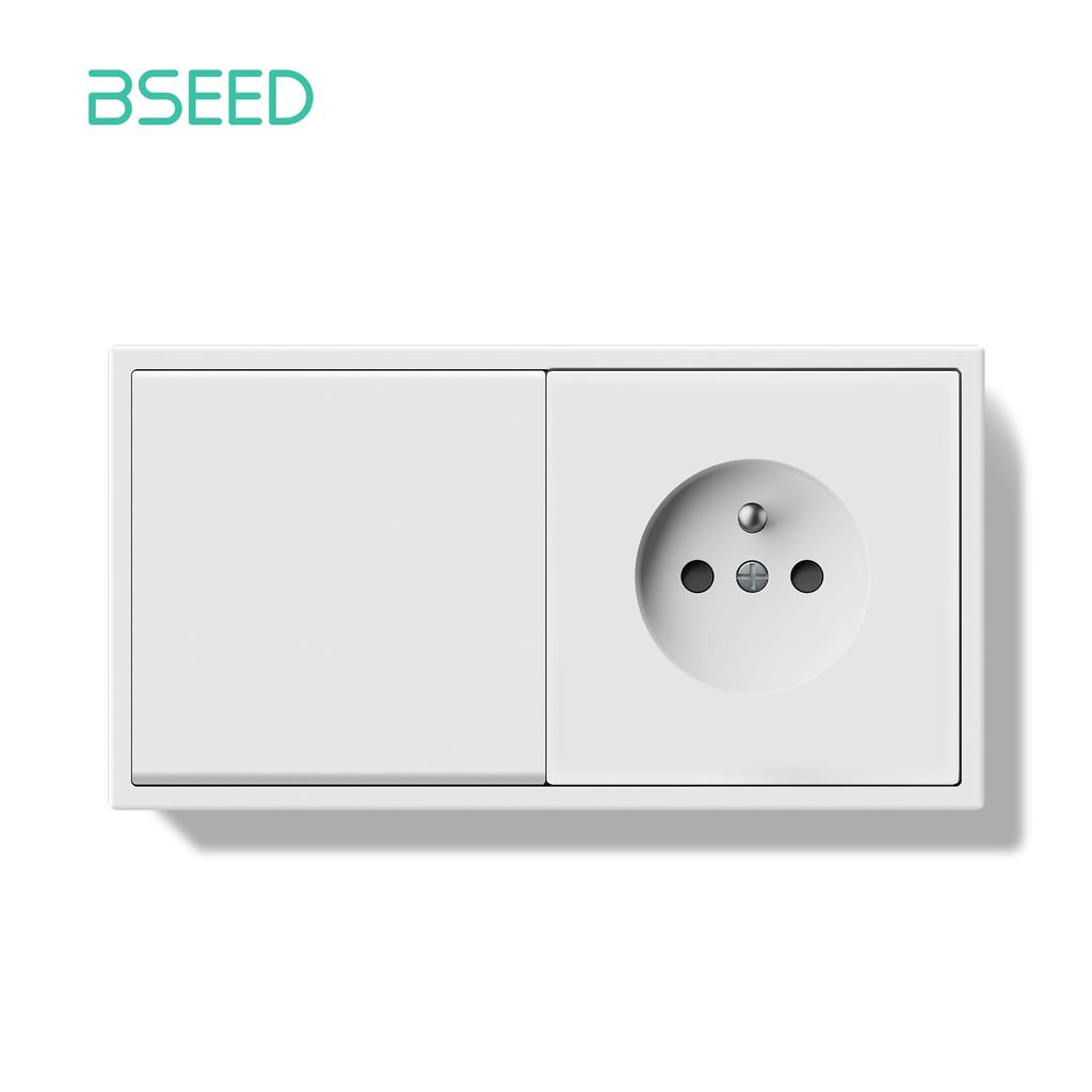 BSEED 1/2Gang Mechanical Button Light Switch 1/2Way Wall Switches Plus French Sockets Power Outlets Plastic Panels White Series